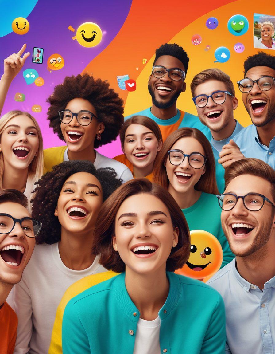 A lively scene of a diverse group of people engaged in an interactive video stream, smiling and laughing together, with colorful animated overlays showcasing fun reactions and emojis. The backdrop should feature gaming elements and a playful atmosphere, including quirky cartoon characters and engaging visual effects that highlight interactivity. The color palette should be bright and cheerful, embodying a sense of joy and community. vibrant colors. super-realistic.