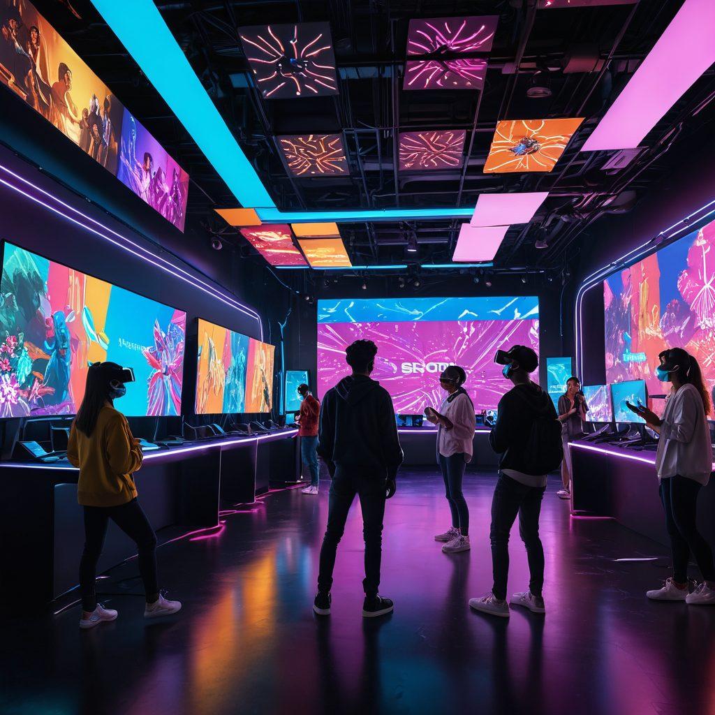 A lively scene depicting a vibrant digital world, where people are engaging in various virtual activities like gaming, virtual reality, and live streaming. The backdrop is filled with colorful futuristic elements like neon lights and holograms, symbolizing digital interaction. Include joyful expressions and diverse characters to represent inclusivity and engagement. super-realistic. vibrant colors. 3D.