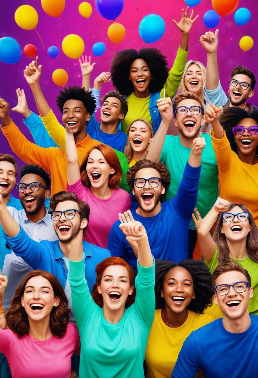 A lively digital scene depicting a diverse group of people joyfully engaging in a live broadcast, with colorful virtual backgrounds showcasing various fun activities like gaming, music, and art. Include cheering emojis and playful graphics floating in the air to emphasize the excitement. Feature bright, inviting colors to evoke a sense of joy and camaraderie. super-realistic. vibrant colors. 3D.